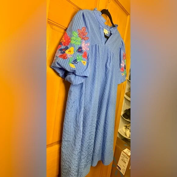 Umgee Ocean Blue Midi Dress with Multicolor Embroidered Sleeves - Picture 6 of 10